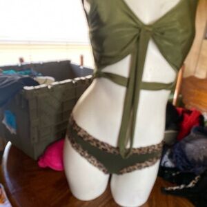 Olive Green Lace Trim Lingerie Set